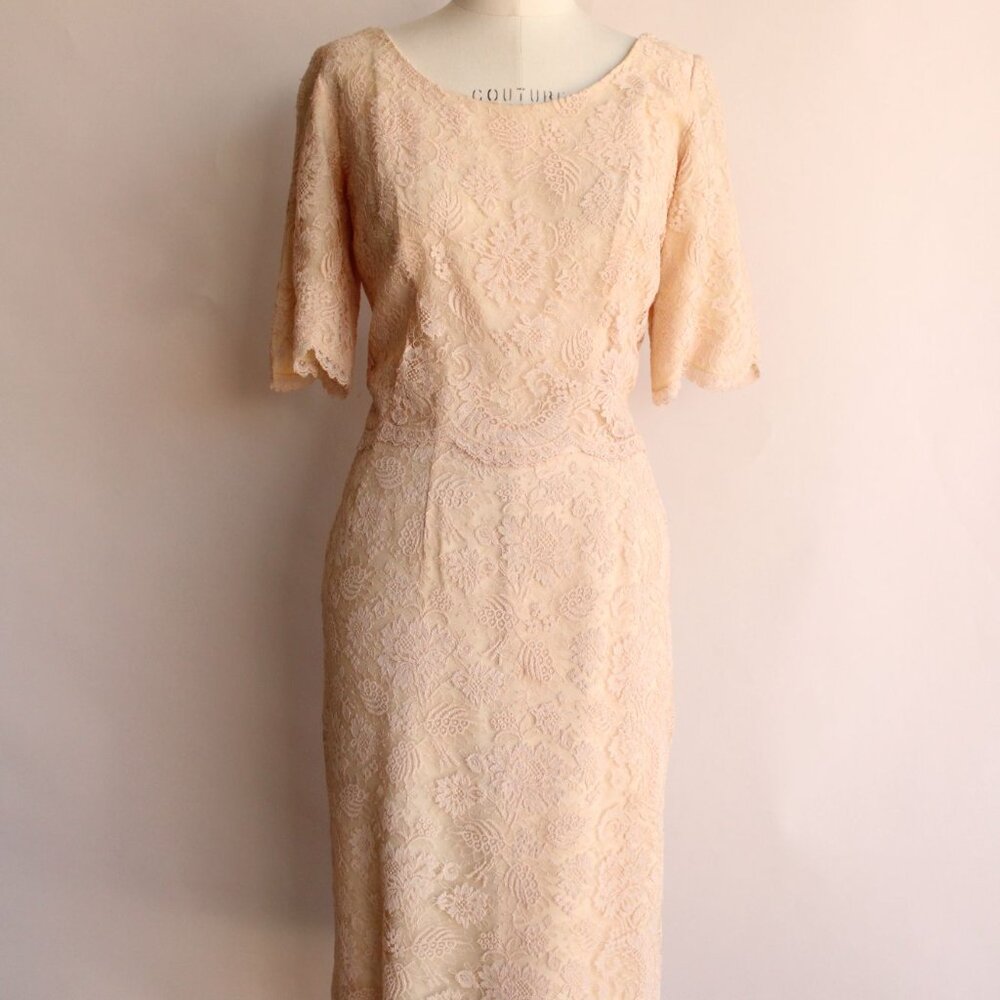 Vintage 1960s Dress, Pink Illusion Lace Fluttery Open Back - Picture 2 of 11